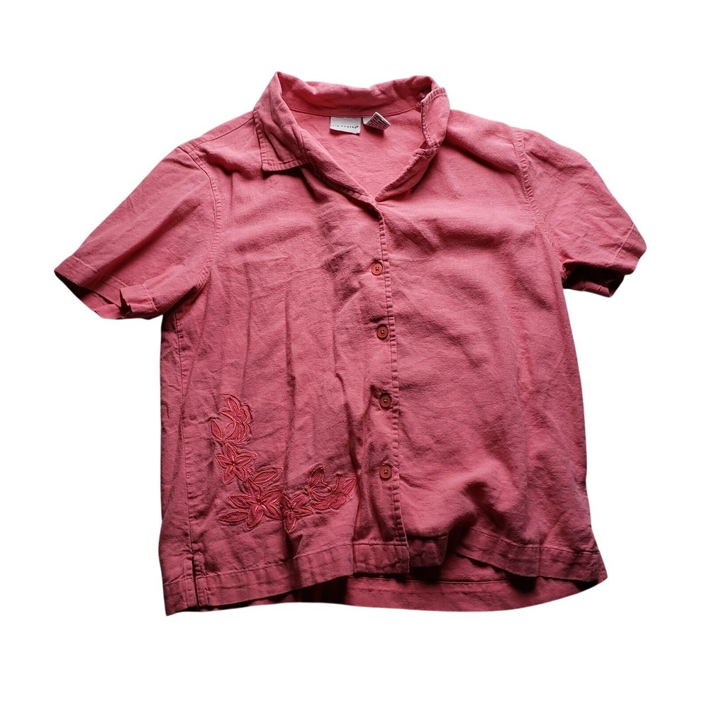 Kim Rogers Womens Pink Linen Blend 2 Piece Set Embroidered Shirt Crop Pants M